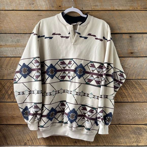 VTG 90’s Native Southwestern Aztec Sweatshirt Button Pullover Mens Large - Picture 3 of 15